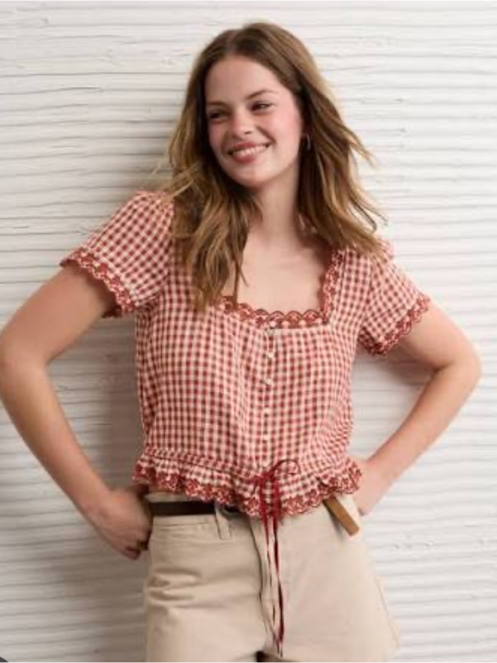 American Eagle Outfitters Red Gingham Short-Sleeve Button-Up Top